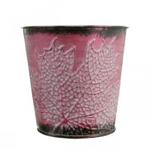 Artikel Übertopf mit Blattdeko, Metallgefäß, Herbst, Pflanztopf Weinrot Ø10cm H10cm