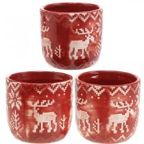 Artikel Keramikdeko mit Rentieren, Adventsdeko, Übertopf mit Norwegermuster Rot/Weiß Ø7,5cm H7cm 6St