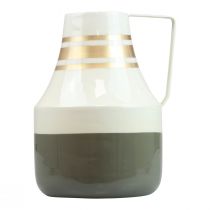 Artikel Vintage Metall Vase Henkel Deko Kanne Shabby Chic Ø17cm H23cm, Creme/Grau/Gold