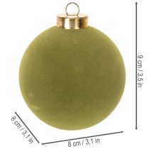 Artikel Christbaumkugel Samtoptik Grün Struktur-Mix 8cm 12 Stück Weihnachtskugel beflockt Moosgrün Kugeln aus Kunststoff Moosgrün beflockt Baumwollkordeln für jede Kugel beiliegend