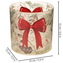 Artikel Windlicht Glas mit roter Schleife und Winterzweigen 15cm