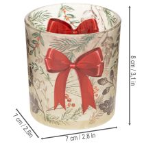Artikel Windlicht Glas mit Weihnachtszweigen und roter Schleife 8cm 2St