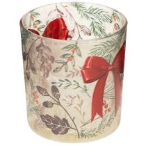 Artikel Windlicht Glas mit Weihnachtszweigen und roter Schleife 8cm 2St