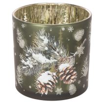 Artikel Windlicht Glas Tannenzapfen und Schneeflocken 15cm