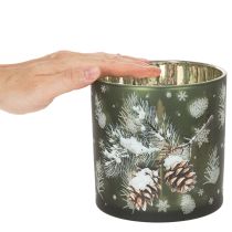 Artikel Windlicht Glas Tannenzapfen und Schneeflocken 15cm