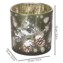 Artikel Windlicht Glas Tannenzapfen und Schneeflocken 15cm