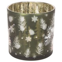 Artikel Windlicht Glas Tannenzapfen und Schneeflocken 15cm