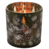 Artikel Windlicht Glas Tannenzapfen und Schneeflocken 15cm