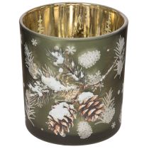 Artikel Glas Windlicht mit winterlichem Tannenzweig 8cm 2St
