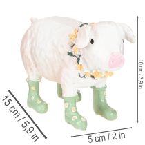 Artikel Deko-Schwein mit Gummistiefeln – Lustige Bauernhof-Figur mit Blumenkranz 15,5cm