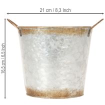 Artikel Dekotopf mit Griffen, Pflanzeimer, Metallgefäß Silbern, Edelrost Ø17cm H16,5cm