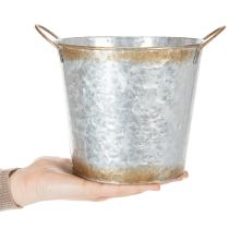 Artikel Dekotopf mit Griffen, Pflanzeimer, Metallgefäß Silbern, Edelrost Ø17cm H16,5cm