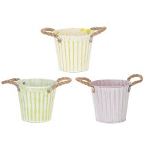 Artikel Eimer zum Bepflanzen, Übertopf mit Henkeln, Metalldeko Rosa/Grün/Gelb Shabby Chic Ø16,5cm H15cm 3er-Set