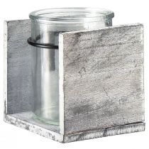 Artikel Teelichthalter aus Glas in rustikalem Holzrahmen – Grau-Weiß, 10x9x10cm – Charmante Tischdeko 3St