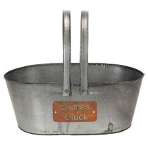Artikel Pflanzkorb “Grünes Glück”, Metalldeko zum Bepflanzen, Gartendeko Silbern, Edelrost L40cm H15cm