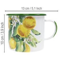 Artikel Pflanztasse aus Emaille, Deko-Tasse mit Zitronenzweig, Übertopf mediterran Ø9,5cm H10cm
