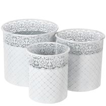 Artikel Pflanztopf mit Spitzenmuster, Gefäß aus Metall, Dekoeimer Weiß, Silbern Shabby Chic H28/25,5/23,5cm Ø29,5/25,5/20cm 3er-Set