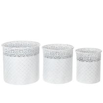 Artikel Pflanztopf mit Spitzenmuster, Gefäß aus Metall, Dekoeimer Weiß, Silbern Shabby Chic H28/25,5/23,5cm Ø29,5/25,5/20cm 3er-Set