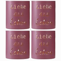 Artikel Windlicht Metall „Liebe das Leben“ Fuchsia Gold Ø9cm H10cm 4St