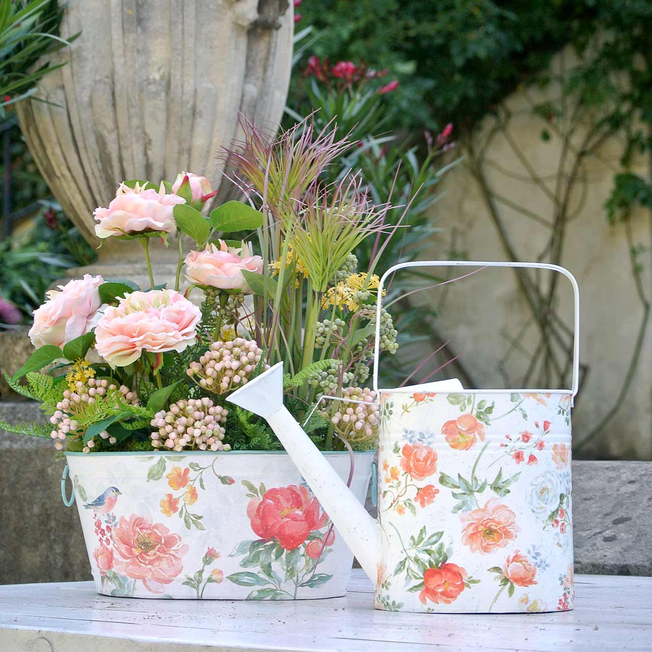 Vintage Deko Gießkanne Metall Rosenmotiv Landhausstil