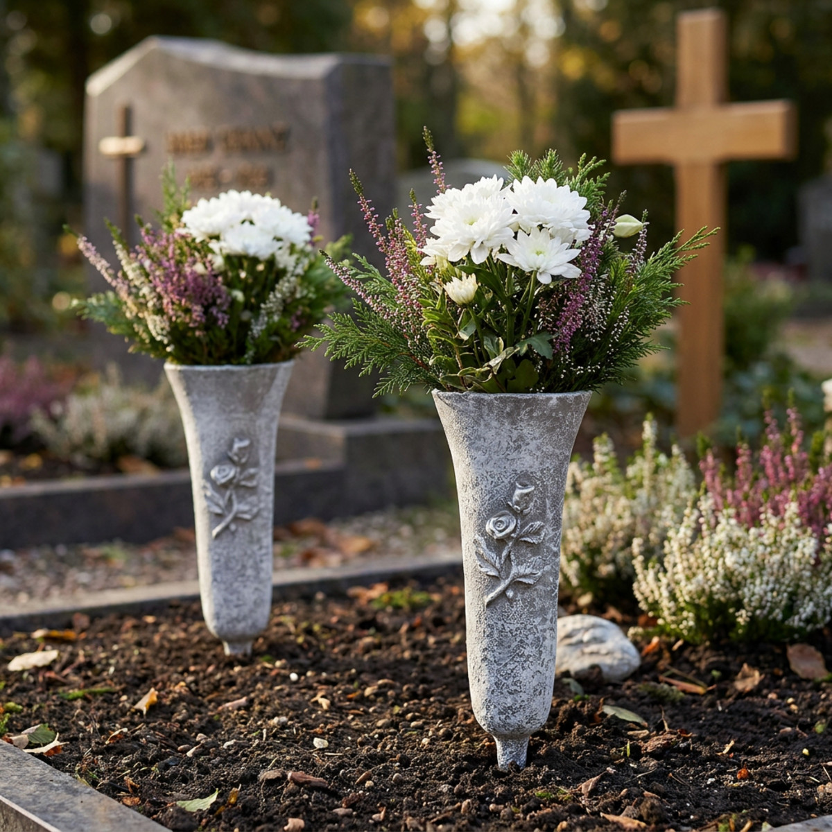 Grabvase Grau mit Rosenmotiv H26cm 2er Set
