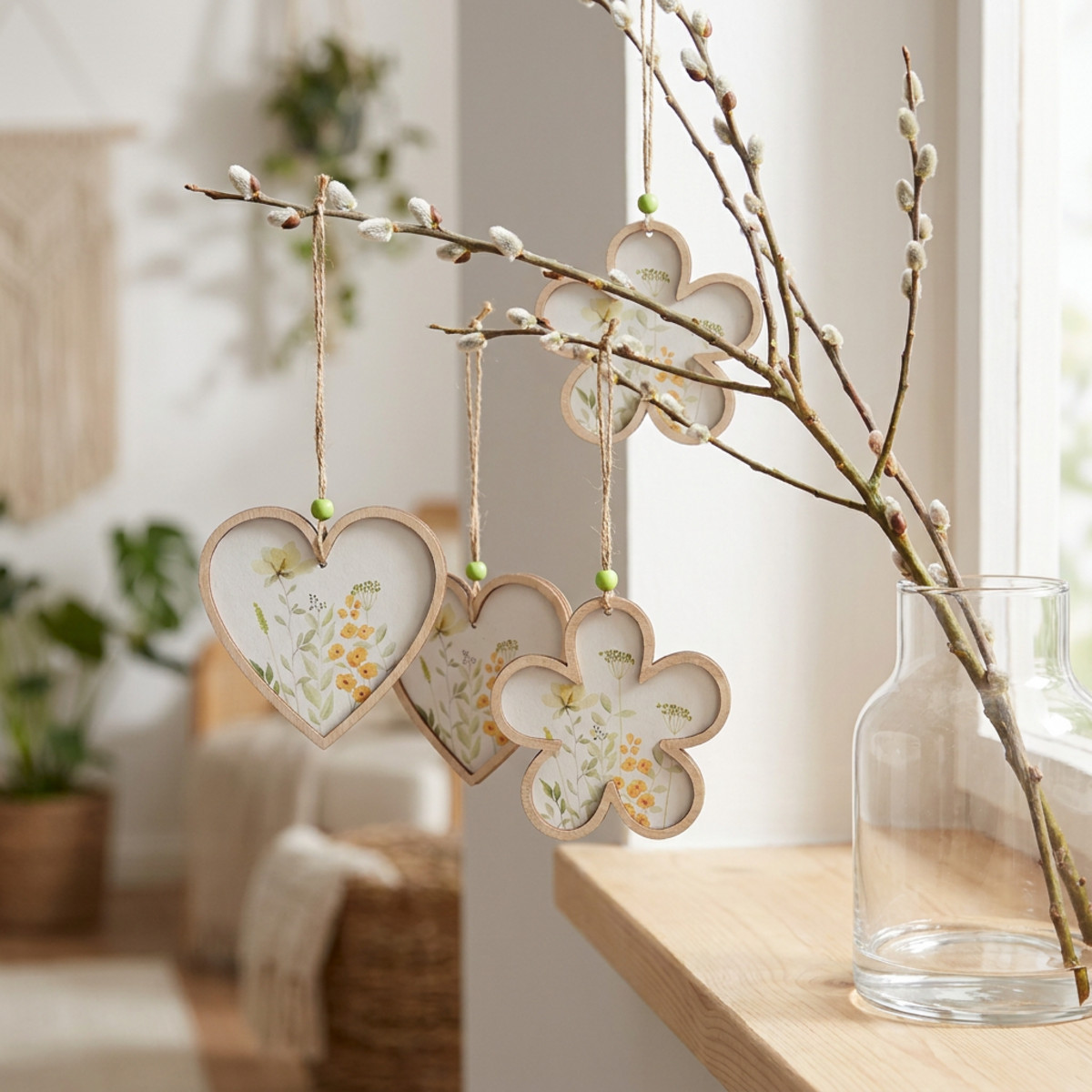 Deko Anhänger Holz Blumen Herz 12cm 6 Stück