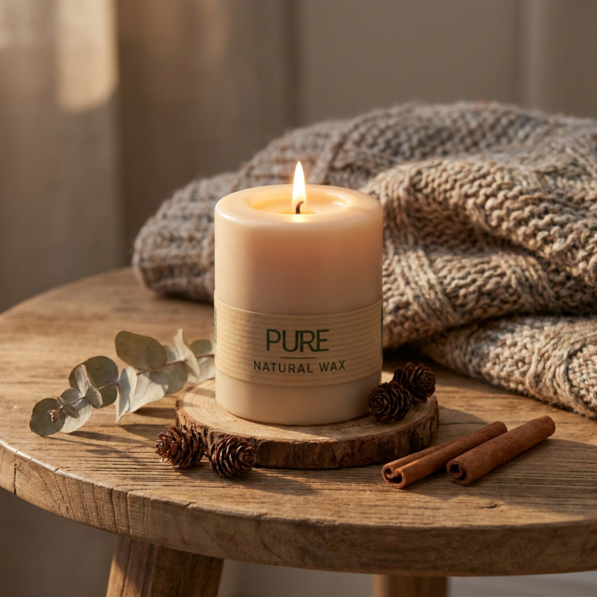 PURE Stumpenkerze Beige Naturwachs 90/70mm