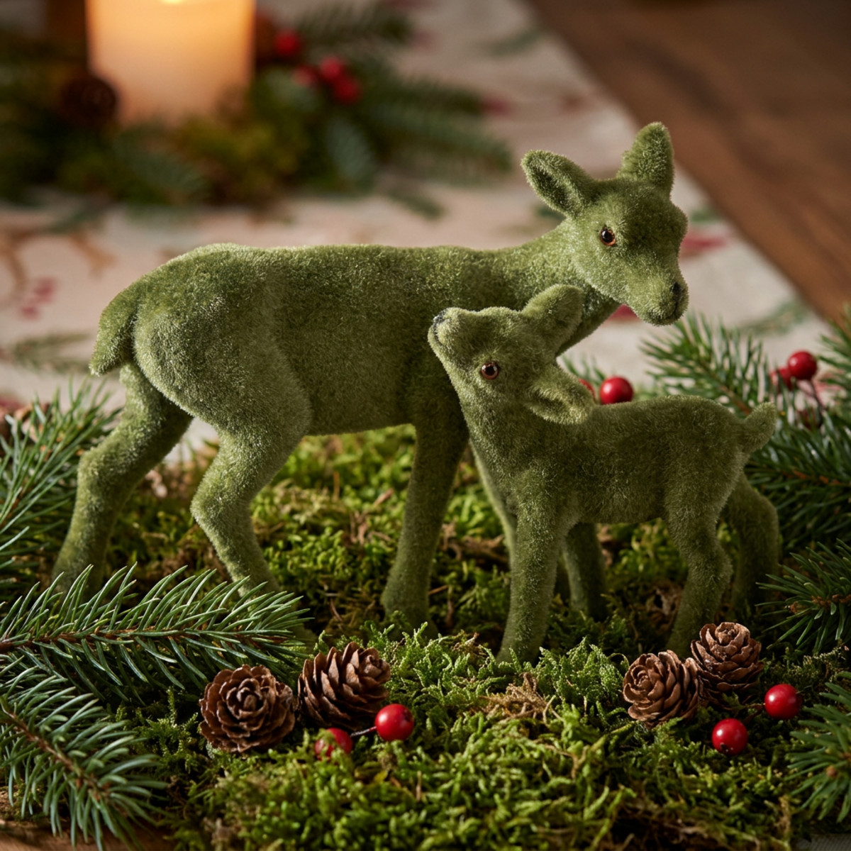Reh Dekofiguren Weihnachten Grün beflockt Set