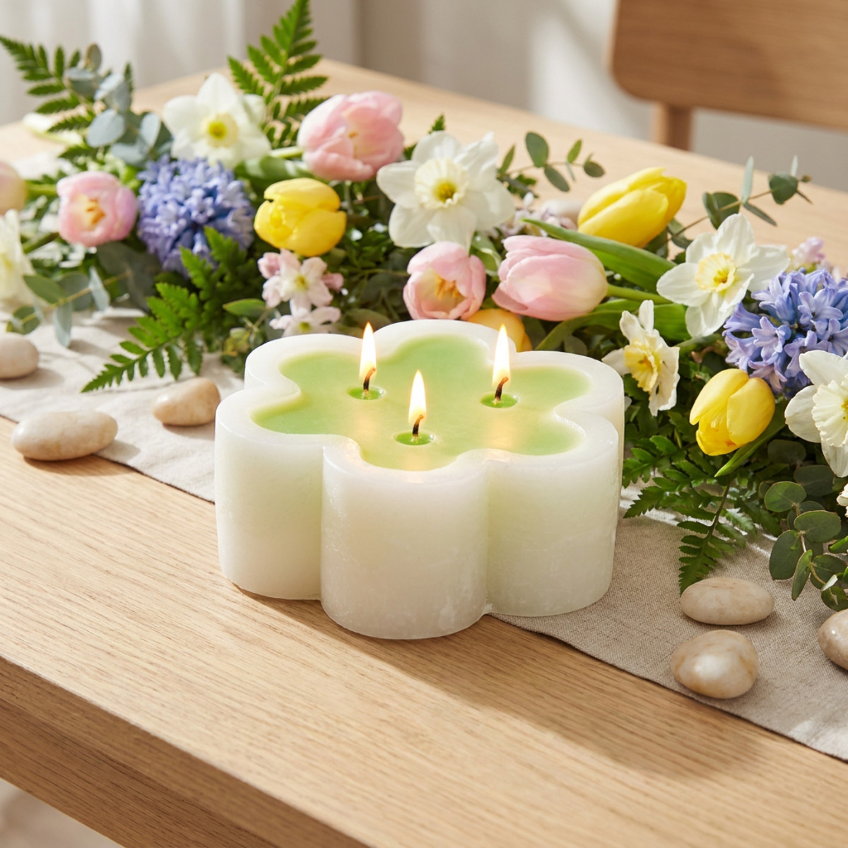 Dreidochtkerze Blüte Grün Weiß Ø11,5cm H4cm