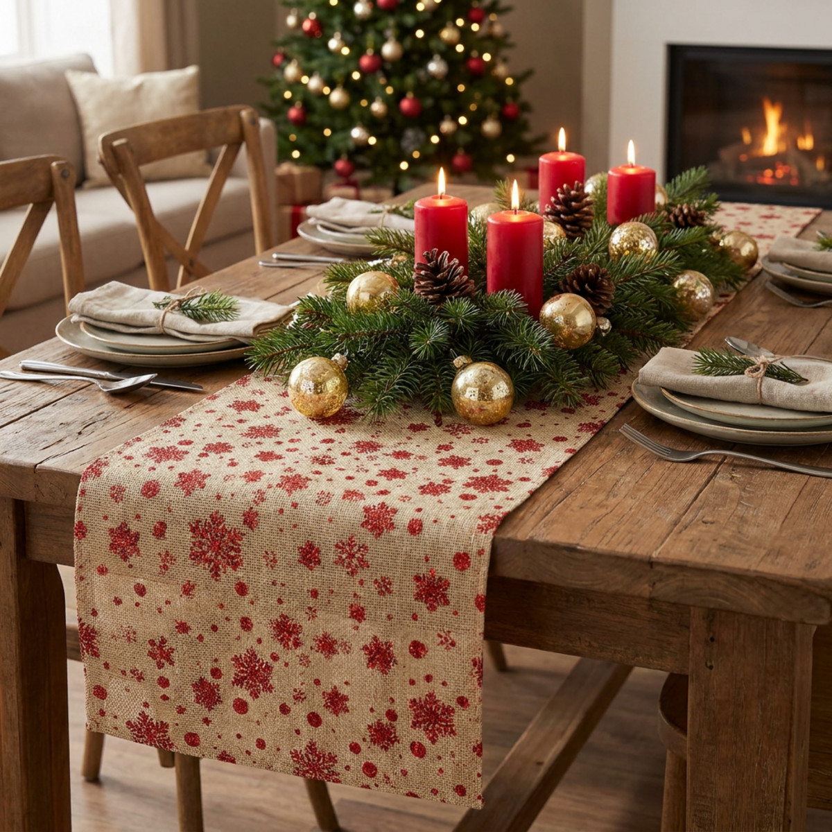 Tischläufer Weihnachten Jute Schneeflocken 48×450cm