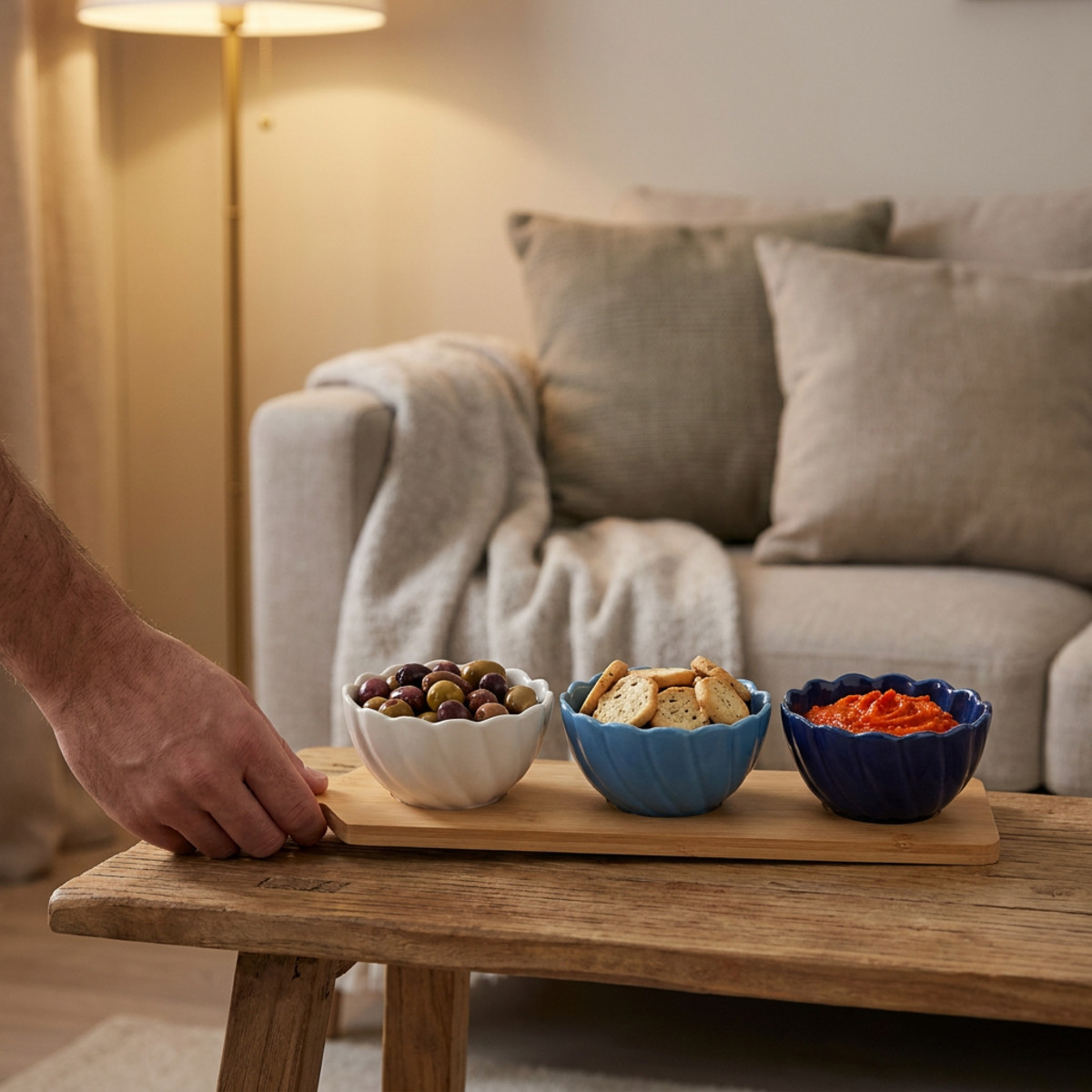 Tapas Schalen Set Blau Weiß Keramik Bambus 40×10cm