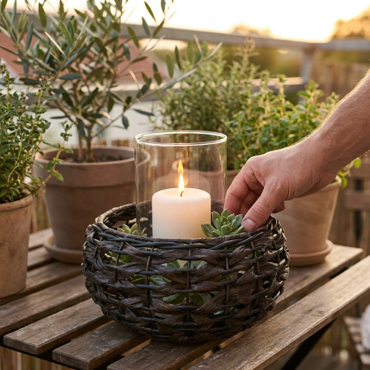Windlicht geflochten Schwarz Braun Rattan Ø23cm H18cm