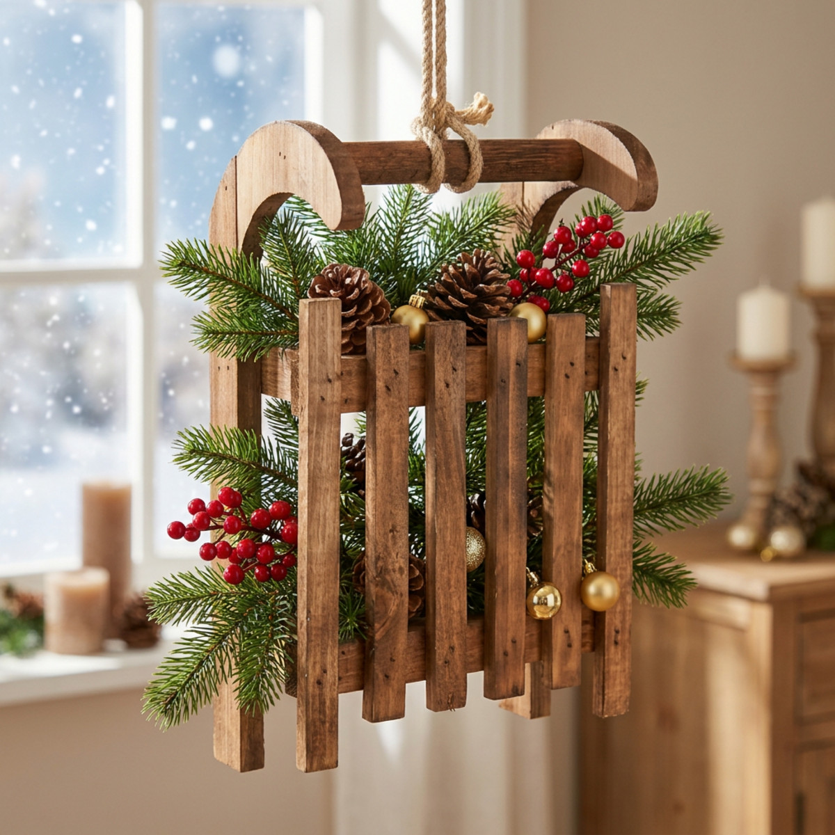 Deko Schlitten Braun aus Holz 30cm Winterdeko