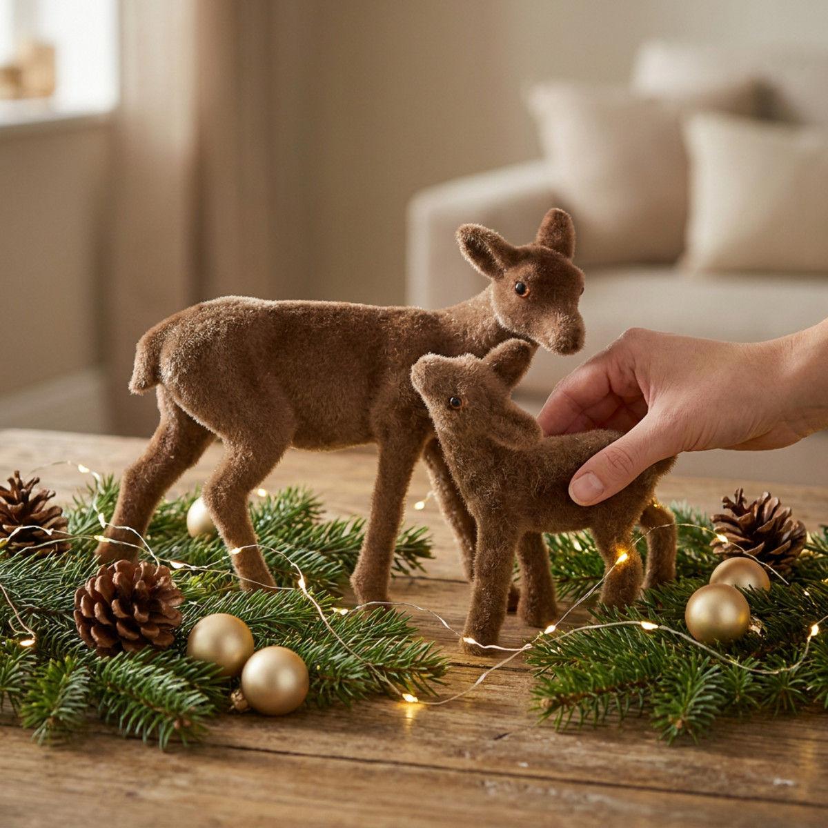 Reh Deko Braun beflockt - Weihnachtsfiguren Set