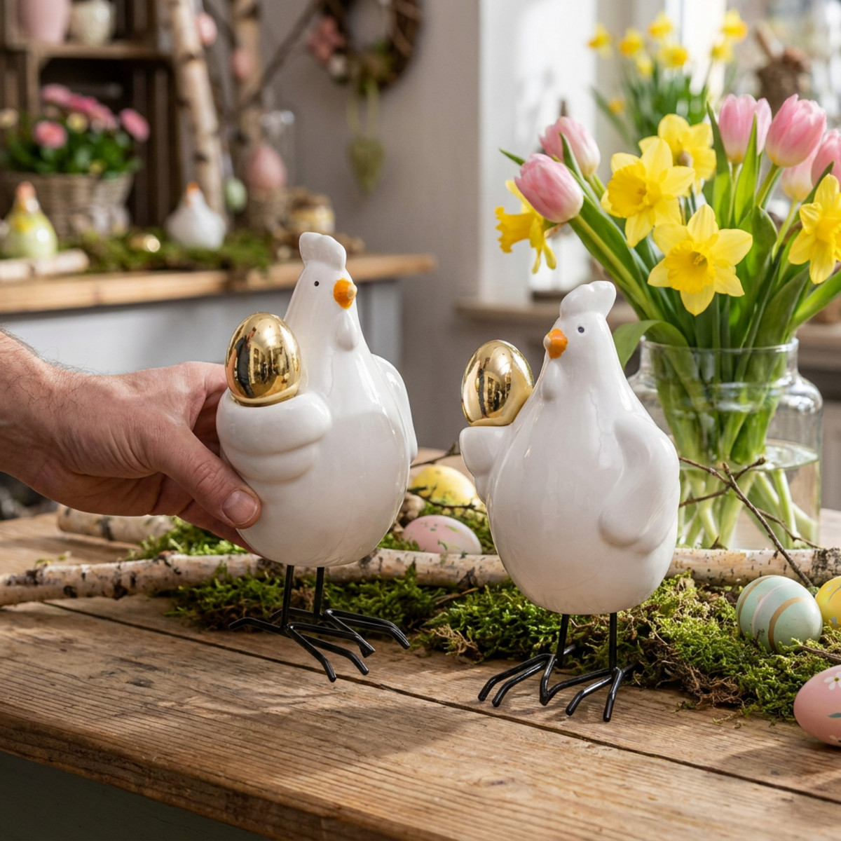 Deko Huhn mit goldenem Ei 12cm 2er Set Porzellan