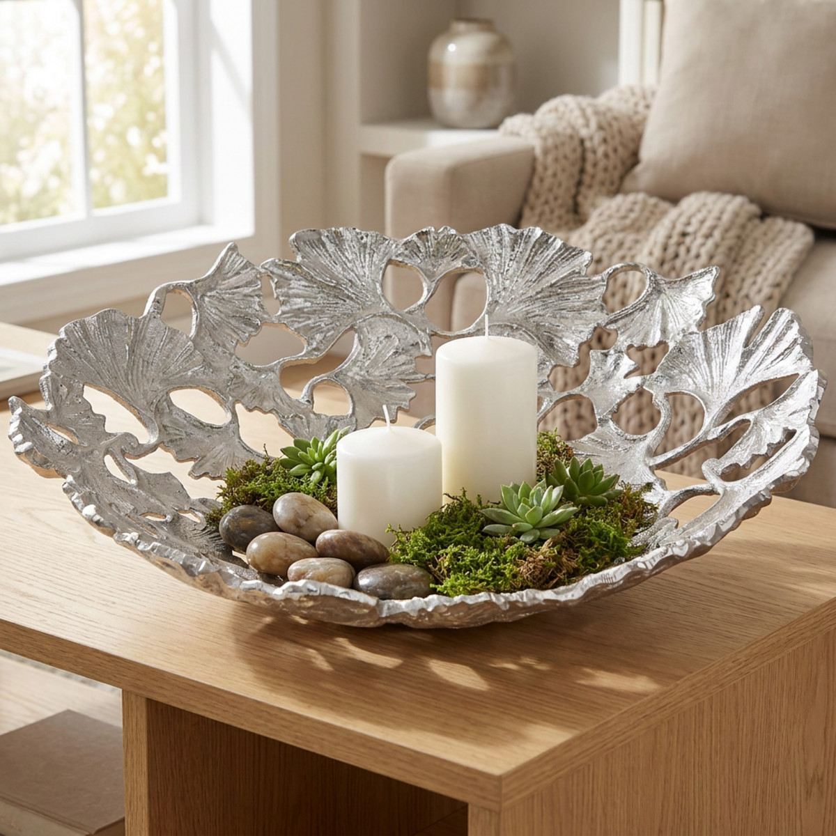 Dekoschale Silber Ginkgo Metall Ø43cm H11cm