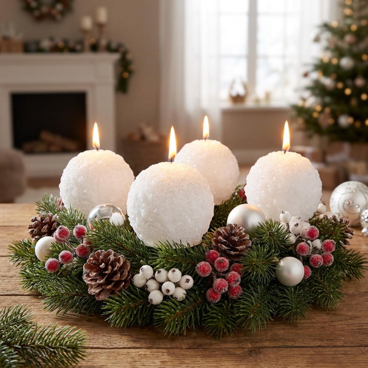 Adventskerzen Schneeball-Design Ø80mm 4er Set