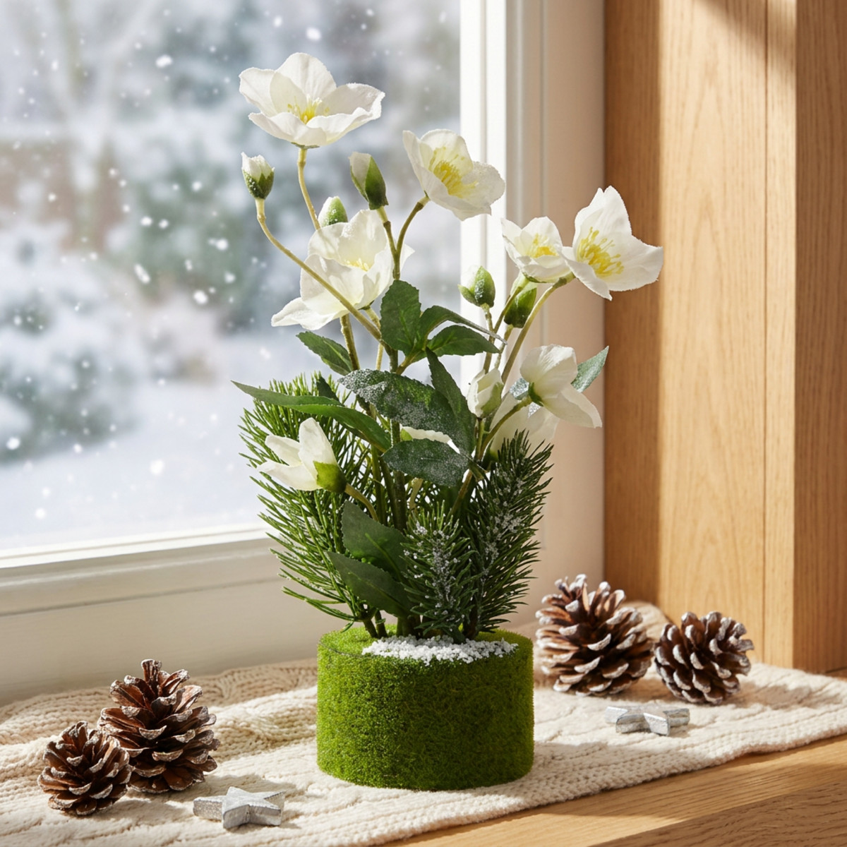 Künstliche Christrose mit Tanne Weiß 33cm