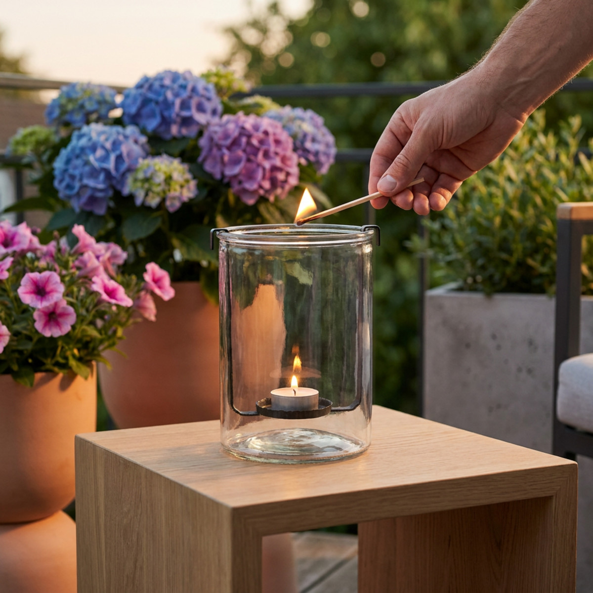 Windlicht Glas mit Teelichthalter Schwarz Metall