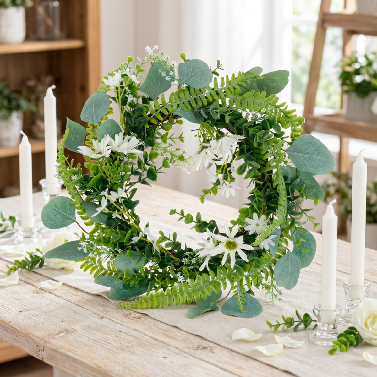 Künstlicher Eukalyptus-Kranz mit Farn und Jasmin 38cm