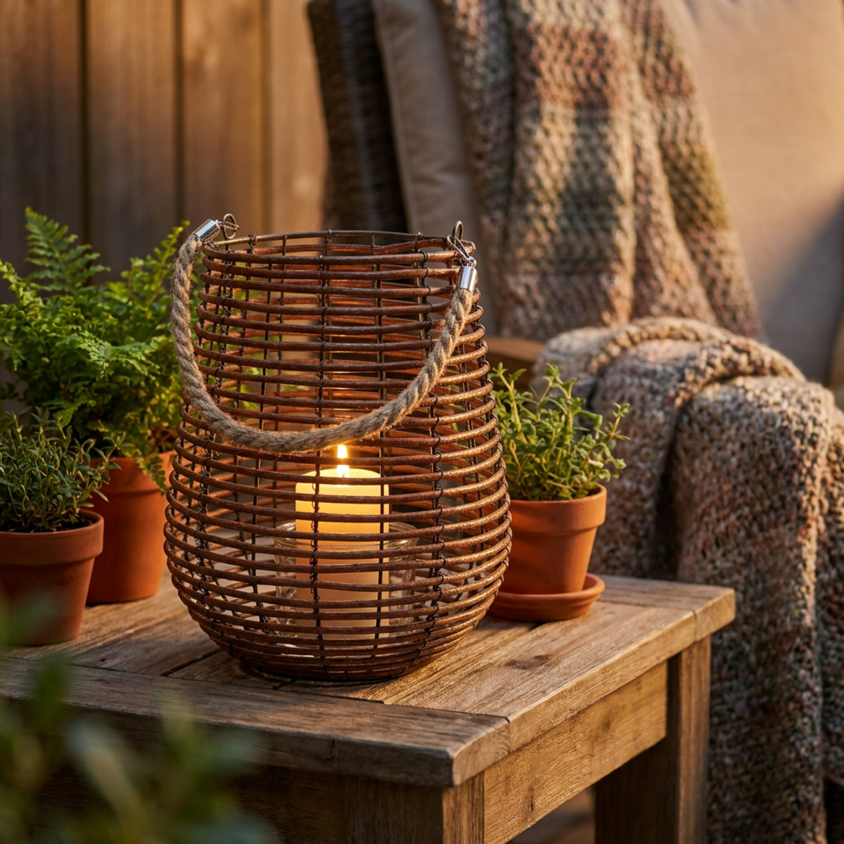 Windlicht Korb Ø24cm mit Henkel aus Holz und Glas