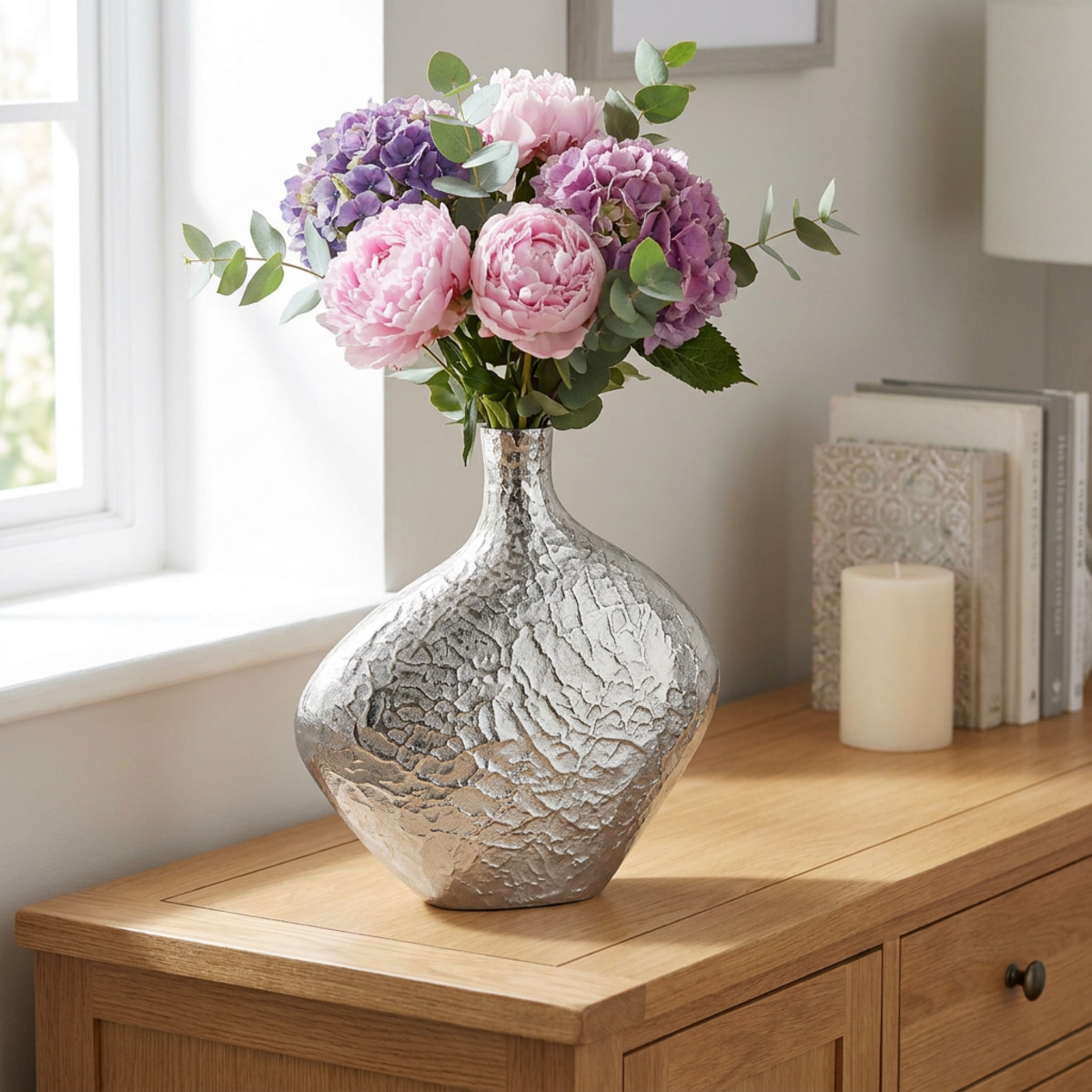 Deko Vase Metall Gehämmert Blumenvase Silber 33x36cm