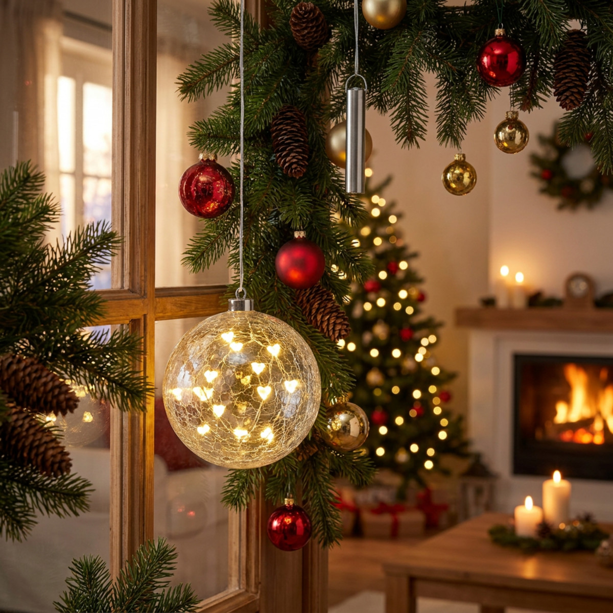 LED Weihnachtskugel Glas Ø15cm Lichterkette Herzen
