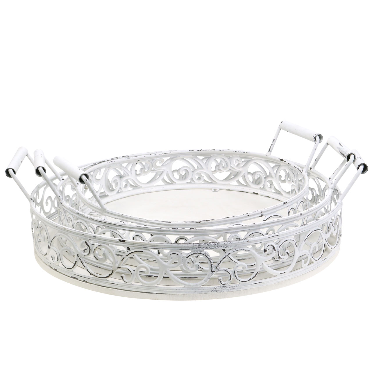 Shabby Chic Tablett Oval - Holz Metall Kerzentablett Weiß