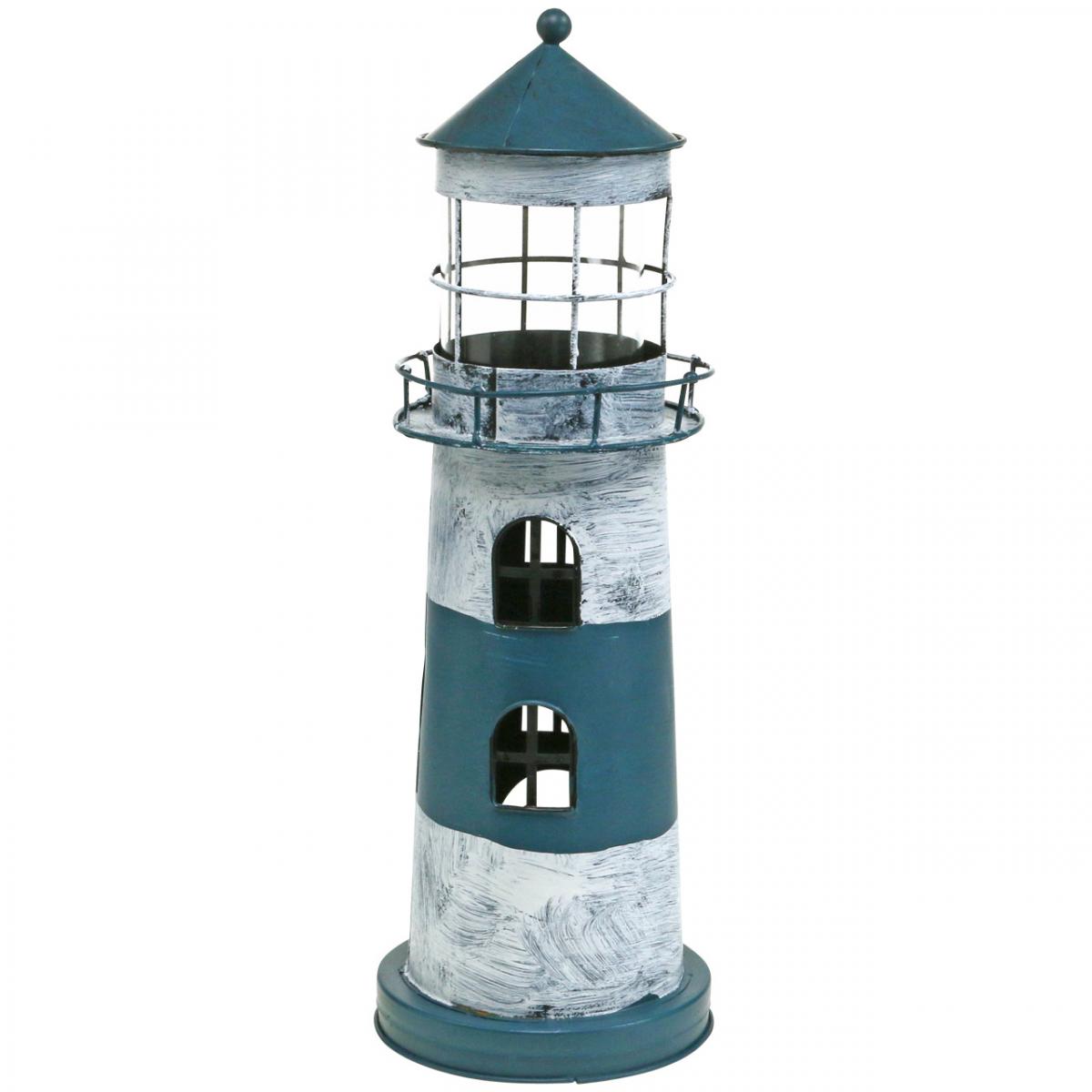 Leuchtturm Metall Windlicht  Gartendeko Teich H 39,5 Strandgut maritim blau weiß 
