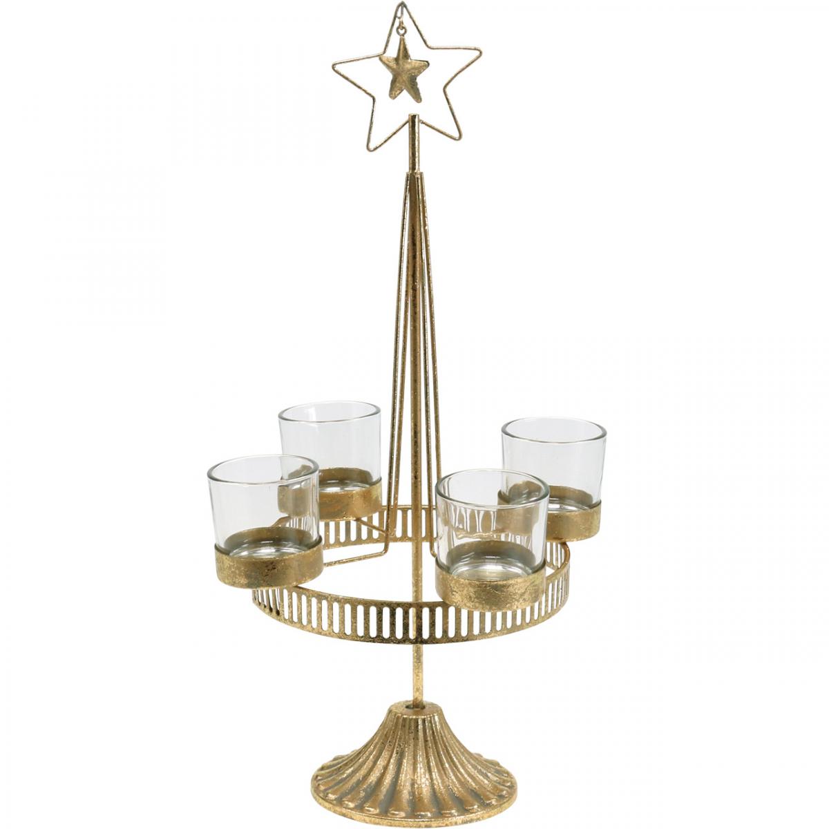 Floristik24.de Teelichthalter vier Gläser Stern Weihnachten Gold Ø20cm  H38,5cm-04805