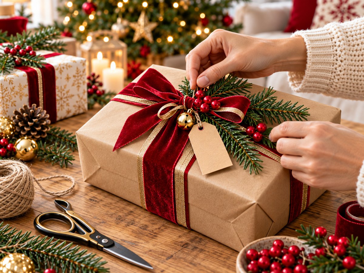 Hände befestigen Tannenzweig, rote Beeren und Anhänger an einem Geschenk mit Samtband und Goldband