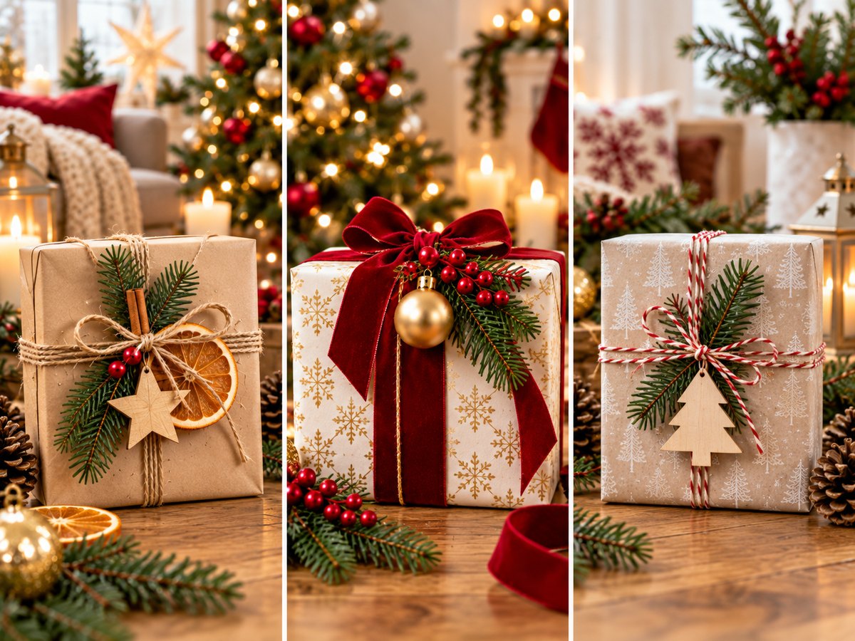 Drei dekorierte Geschenke: Kraftpapier mit Orangenscheibe, Goldpapier mit roter Samtschleife, Tannenbaumpapier mit rot-weißer Kordel