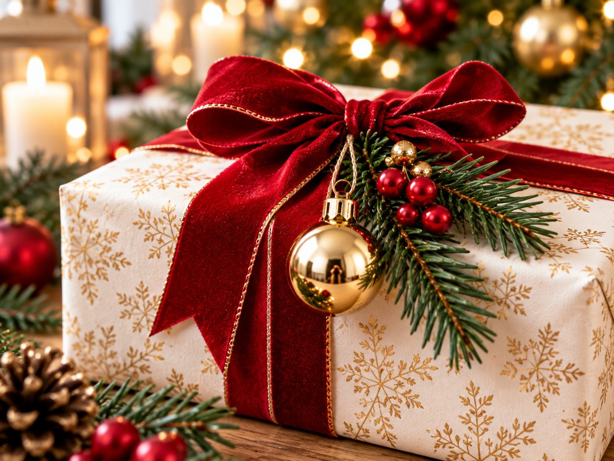 Geschenk in cremefarbenem Papier mit Goldmuster, rotem Samtband, goldener Kugel und Tannenzweig