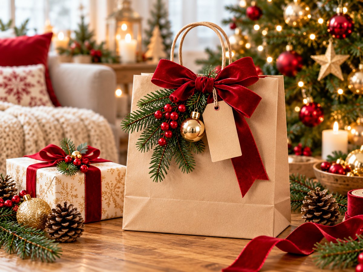 Geschenktüte aus Kraftpapier mit roter Samtschleife, Tannenzweig, Beeren, goldener Kugel und Anhänger